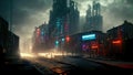 Cyberpunk city, abstract illustration, futuristic city, dystoptic artwork at night, 4k wallpaper, Royalty Free Stock Photo