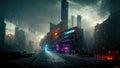 Cyberpunk city, abstract illustration, futuristic city, dystoptic artwork at night, 4k wallpaper, Royalty Free Stock Photo