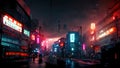 Cyberpunk city, abstract illustration, futuristic city, dystoptic artwork at night, 4k wallpaper, Royalty Free Stock Photo