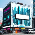 Cyberpunk City Billboard: Interactive Ads with Lora Font Royalty Free Stock Photo