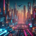 Cyberpunk city of the future, neon lights, unusual cars, night city Royalty Free Stock Photo