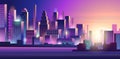 Cyberpunk city. Neon glow lighting urban landscape purple colored dark futuristic town vector background