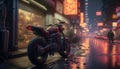 Cyberpunk city with neon glowing and parked bike, sports motorcycle, generative AI