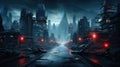 Cyberpunk city at night, dark deserted neon street for dystopia and future theme. Gloomy urban landscape with futuristic buildings