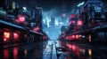 Cyberpunk city at night, dark deserted neon street for dystopia theme