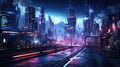 Cyberpunk city at night, dark deserted neon street for future theme. Gloomy urban landscape with futuristic buildings and blue