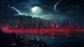Cyberpunk city at night, fantastic view, futuristic buildings and neon light