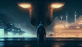Cyberpunk city at night, man standing in front of futuristic aircraft, generative AI