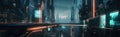 Cyberpunk city at night, panoramic view of futuristic tall buildings, generative AI