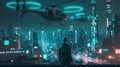 Cyberpunk city at night, person standing on roof looks at neon skyscrapers, generative AI