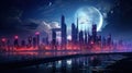 Cyberpunk city skyline at night, futuristic buildings and neon light