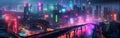 Cyberpunk city skyline, panoramic view of futuristic tall buildings, generative AI