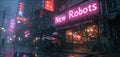 Cyberpunk city street with neon store sign New Robots at night, grungy gloomy dark alley and low light of shops in rain. Concept