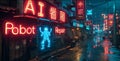 Cyberpunk city street with neon store signs AI Robot Repair at night, deserted dark alley in red and blue light in rain. Concept