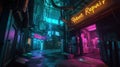 Cyberpunk city street at night, dark alley with neon sign of robot repair store. Gloomy grungy futuristic buildings and low light