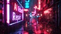Cyberpunk city street at night, dark alley with neon store sign of AI Robot Repair. Gloomy grungy futuristic buildings in rain.