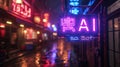 Cyberpunk city street at night, neon store sign of AI Robot on background of dark grungy alley with low light. Concept of dystopia