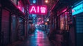 Cyberpunk city street at night, neon store signs of AI and Robot, dark grungy alley with buildings in low light. Concept of Royalty Free Stock Photo