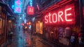 Cyberpunk city street in rain, dark alley with neon signs of AI Store. Gloomy grungy futuristic buildings at night. Concept of