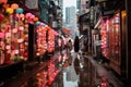 Cyberpunk cityscape neon alleyway with holographic figure in rainsoaked streets Royalty Free Stock Photo