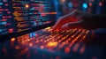 Cyberpunk Coder: Hand Typing on Illuminated Keyboard with Abstract Code Background Royalty Free Stock Photo