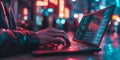 Cyberpunk Coder in Neon City Person Programming on Laptop with Glowing Lights, 80s Retro Futurism