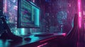 Cyberpunk coding an advanced futuristic programming desk setup Royalty Free Stock Photo
