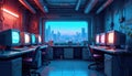 Cyberpunk computer lab with multiple monitors displays abstract data visualizations. Room has neon lighting and large window view Royalty Free Stock Photo