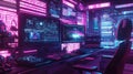 Cyberpunk computer setup displaying futuristic data on screens Royalty Free Stock Photo