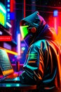 cyberpunk cool hacker working laptop. Anonymous hacker coding with computer. futuristic city neon nightlife Royalty Free Stock Photo