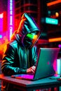 cyberpunk cool hacker working laptop. Anonymous hacker coding with computer. futuristic city neon nightlife