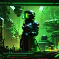 cyberpunk cool women in the lab female scientist working in the laboratory with cyberpunk futuristic green neon vibes in the lab Royalty Free Stock Photo