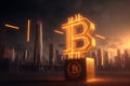 Cyberpunk crypto city future. Cryptocurrency bitcoin the future coin. Golden crypto coin. Generative AI