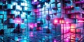 Cyberpunk Cube Array Neon Reflections, 3D Render