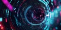 A cyberpunk 3D background of a digital black hole, where swirling data streams spiral into an