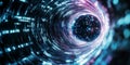 A cyberpunk 3D background of a digital black hole, where swirling data streams spiral into an