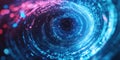 A cyberpunk 3D background of a digital black hole, where swirling data streams spiral into an