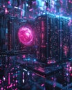 Cyberpunk Data Center: Futuristic Server Room with Glowing Data Core, futuristic data center with glowing elements