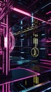 Cyberpunk data core chamber featuring pulsating neon lines and rotating topaz elements, creating a futuristic and immersive Royalty Free Stock Photo