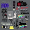 Cyberpunk decals set. Set of vector stickers and labels in futuristic style