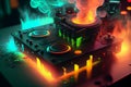 Cyberpunk dj mixer with smoke neon lights. Nichtclub performance. Performer. Youth culture. Concept of party, music lifestyle, fun Royalty Free Stock Photo
