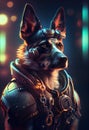 The cyberpunk dog illustration represents technology, strength, and speed. This illustration features a futuristic canine with