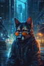 Cyberpunk dog, in the style of dystopian cartoon