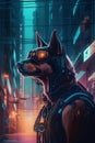 Cyberpunk dog, in the style of dystopian cartoon