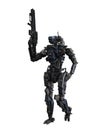 Cyberpunk droid soldier walking with rifle in hand. 3D rendering isolated on white background