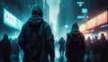 A cyberpunk ensemble floods the streets in an uprising of anarchy a physical manifestation of the hacktivist& x27;s