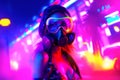 Cyberpunk Fashion Girl in Bikini and Gas Mask at Neon Rave Party Royalty Free Stock Photo