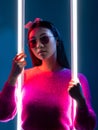 cyberpunk fashion neon light portrait pink girl