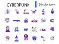 Cyberpunk flat icons set. Future with robot technology. Apocalypse idea. Confrontation between humans and robots