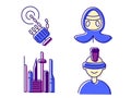 Cyberpunk flat icons set. Futuristic city. Bio mechanical arm. Bio-robot gadgets